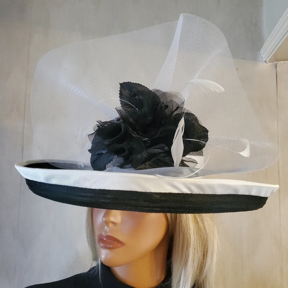 Whittail and Shon Black and White Wide Brim Fascinator Hat Feather Haute Couture